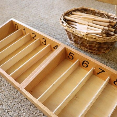 Montessori Wooden Spindle Box with 45 Plastic Spindles – Early Math Counting & Number Recognition Toy